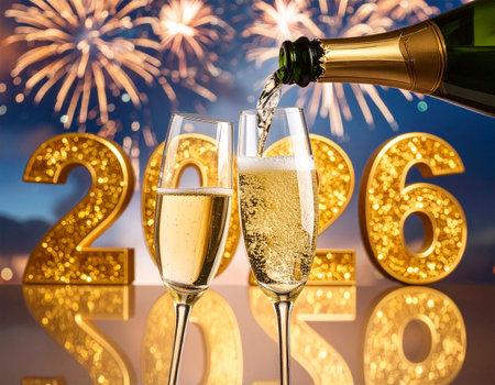 Two champagne glasses clink in front of golden 2026 numbers with fireworks. Sparkling wine flows, symbolizing joy and new beginnings.の素材