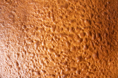 Close-up of a golden-brown, baked cake surface. The texture is airy, uneven, and slightly shiny.の写真素材