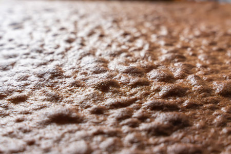 Oblique view of a cake surface with an uneven texture. The light highlights the golden brown crust.の写真素材