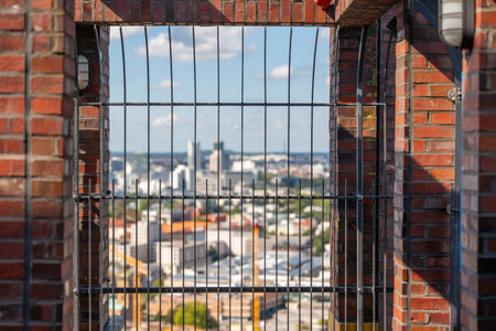 View through Grating. View of the Berlin skyline through a metal grate. The focus is on the bars; the city appears blurred in the background.の写真素材
