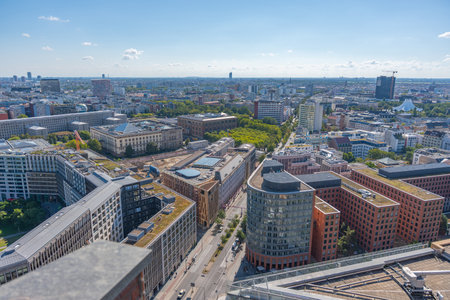 City panorama of Berlin with streets, buildings, and parks. The view stretches far to the horizon.の写真素材