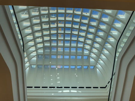 Modern glass roof with a geometric grid that lets plenty of daylight into the building. Elegant...