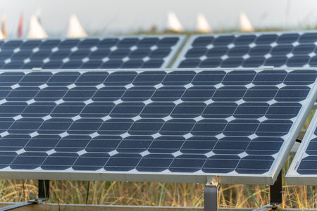 Close-up of solar modules with a clear pattern. The panels reflect daylight.