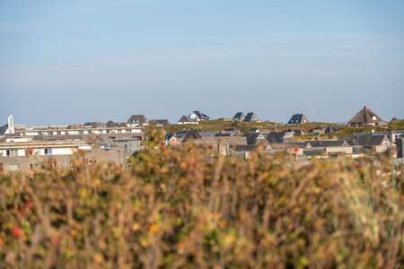 A panoramic view of coastal houses spread across gentle dunes under a clear sky. The mixture of modern and traditional roofs defines the seaside village charm.の写真素材