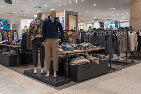 Germany Berlin December 3, 2025. Menswear department with mannequins, knitwear, and coat racks. Neutral-toned fashion retail interior with bright lighting and tidy displays.のeditorial素材