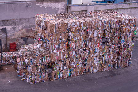Huge stacks of compressed cardboard bales fill an industrial recycling yard. Textured waste paper...