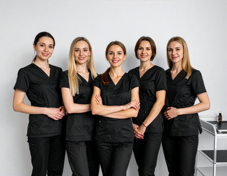 Female staff group in studio. Women in matching black uniforms pose together in a clean studio environment. The image reflects trust, collaboration, and professional service quality.の素材