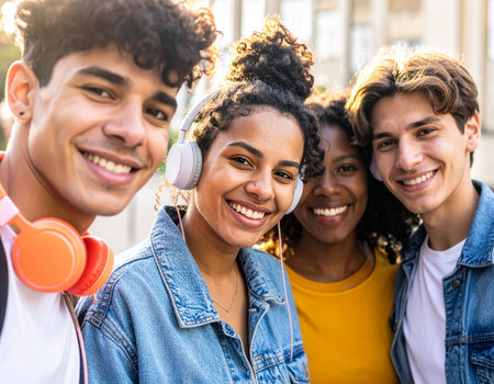 Three young friends stand close together, smiling while listening to music on headphones. The bright sky and warm light emphasize connection and shared moments.の素材