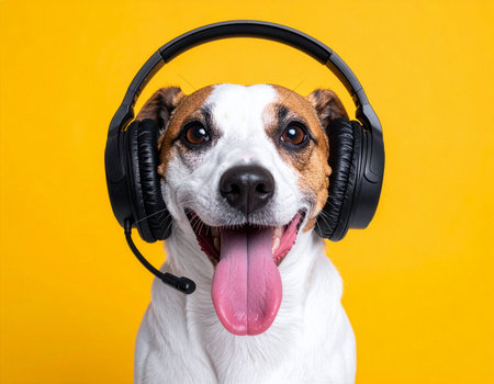A cheerful Jack Russell Terrier wears a call center headset and smiles with its tongue out. Bright yellow background creates a fun customer support concept.の素材