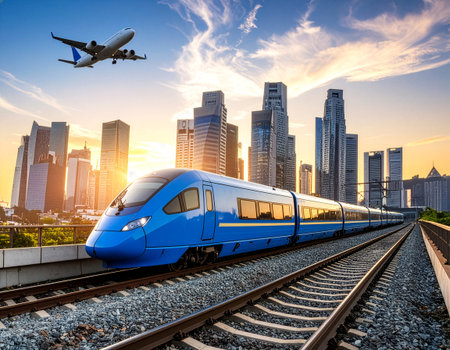 Blue high-speed train curves through city rails at golden hour with an airplane in the sky above. Towers and tracks emphasize global mobility.の素材