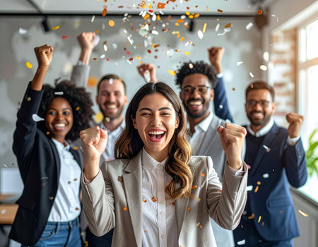 A diverse business team celebrates success with raised fists and confetti. The image reflects teamwork, motivation, and achievement.の素材