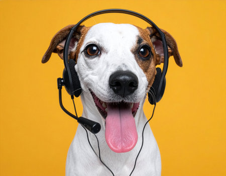 A small terrier with a lightweight headset and microphone looks happy and alert. The clean yellow studio background emphasizes a friendly support theme.の素材