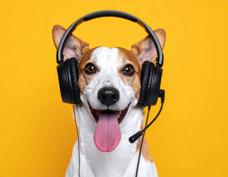 A corgi wearing large headphones with a boom mic pants happily toward the camera. Minimal yellow backdrop suits music or customer service concepts.の素材