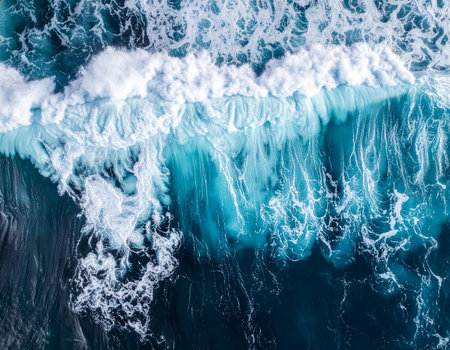 Aerial top view of a powerful turquoise wave cresting into white foam. Abstract ocean textures create a dramatic natural background.の素材