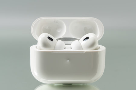 Open charging case with wireless earbuds photographed from above. The composition focuses on...