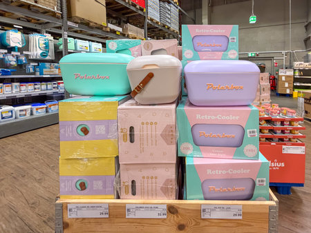 Germany Berlin February 7, 2026. Close-up view of Polarbox retro coolers in pastel colors on stacked boxes. Stylish insulated containers designed for picnics, camping, and modern outdoor lifestyles.のeditorial素材