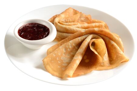 buckwheat flour pancakes on a white plate. isolated on white.の写真素材