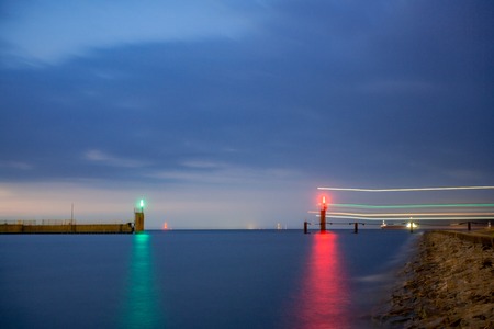 Guiding lights of the port inlet of Cuxhaven Germany at night.の写真素材