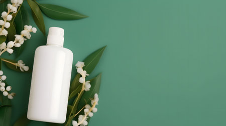 white cosmetic bottle eucalyptus flower towels soap on a green backgroundの素材