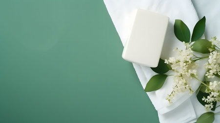 white cosmetic bottle eucalyptus flower towels soap on a green backgroundの素材