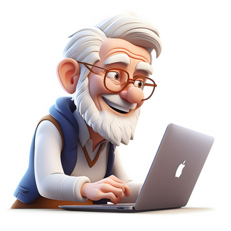 senior man using laptop 3d cartoon on a white backgroundの素材