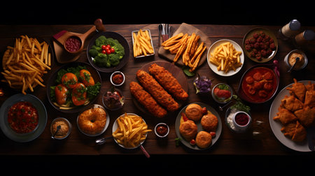 buffet table scene of take out or delivery food.の素材