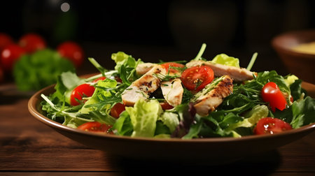 fresh salad with chicken tamato and mixed greens on a wooden background.の素材