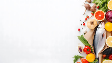 Healthy food background. Healthy food in paper bag fish, vegetables and fruits on white,copy space.の素材