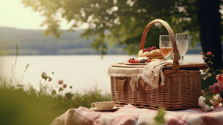 picnic basket on a table against the background of nature.の素材
