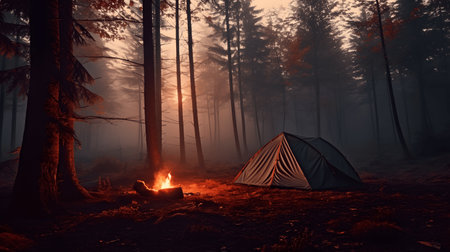 dawn in a foggy forest with a lonely tent.の素材