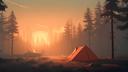 dawn in a foggy forest with a lonely tent.の素材