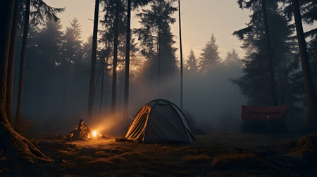 dawn in a foggy forest with a lonely tent.の素材