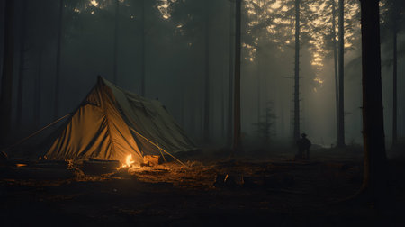 dawn in a foggy forest with a lonely tent.の素材