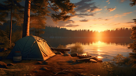 camping tent in forest near lake with beautiful sunset.の素材