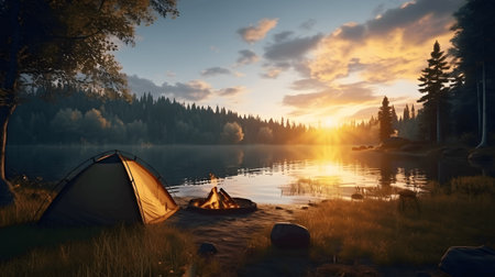 camping tent in forest near lake with beautiful sunset.の素材