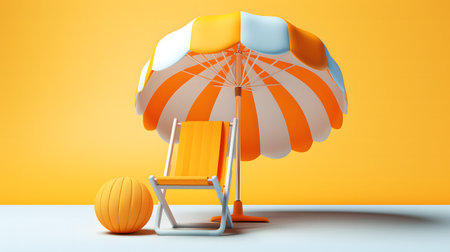 3d vector beach chair yellow umbrella and ball summer holidays.の素材