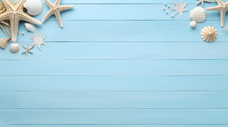 beach accessories on blue pink summer holiday banner copy space.の素材