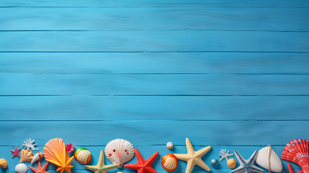 beach accessories on blue pink summer holiday banner copy space.の素材