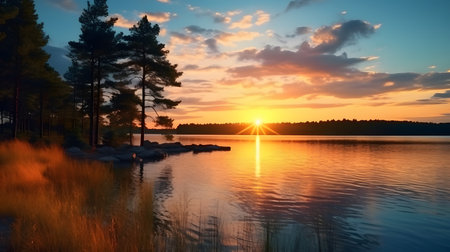 sunset at coast of the lake nature landscape.の素材