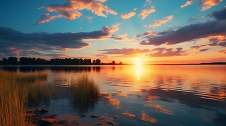 sunset at coast of the lake nature landscape.の素材