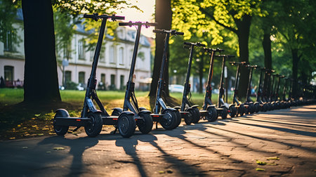 group of electric scooters parked at the public park.の素材