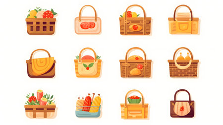 set of picnic basket full of delecious meals on a white background.の素材