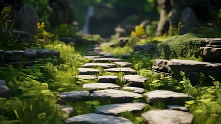 garden stone path with grass growing between the stones.の素材