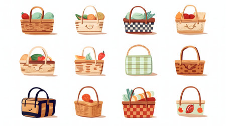 set of picnic basket full of delecious meals on a white background.の素材