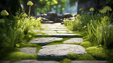 garden stone path with grass growing between the stones.の素材