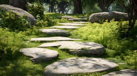 garden stone path with grass growing between the stones.の素材
