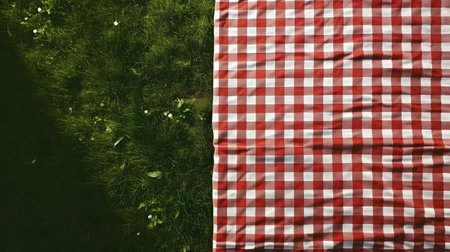 picnic tablecloth on grass top view copy space.の素材