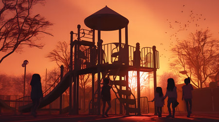 silouette of kindergarden kids playground.の素材