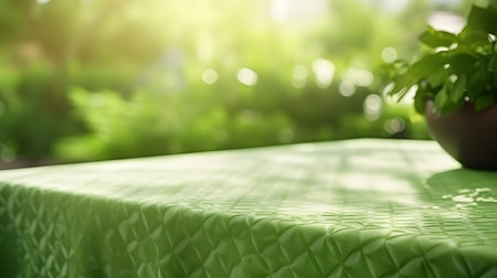 tablecloth texture top view with abstract bokeh from garden copy space.の素材