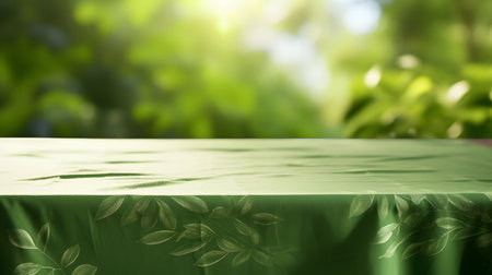 tablecloth texture top view with abstract bokeh from garden copy space.の素材